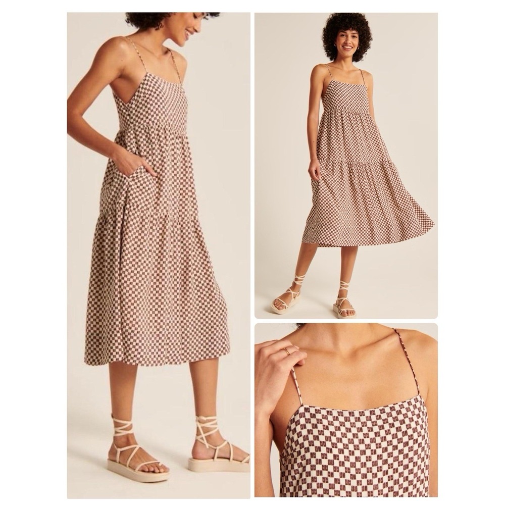 Abercrombie‎ & Fitch Tiered Trapeze Midi Dress Size XS Checkered Pockets *FLAW*